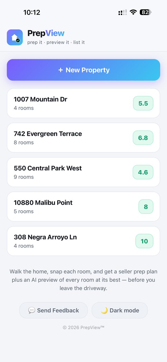 The PrepView home screen listing several properties with readiness scores