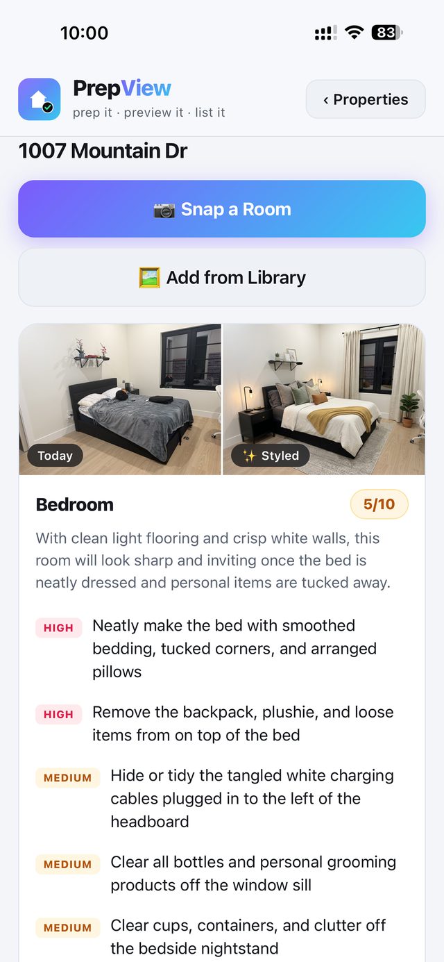 A messy bedroom next to its AI-styled preview, with a 5/10 readiness score and the seller prep checklist
