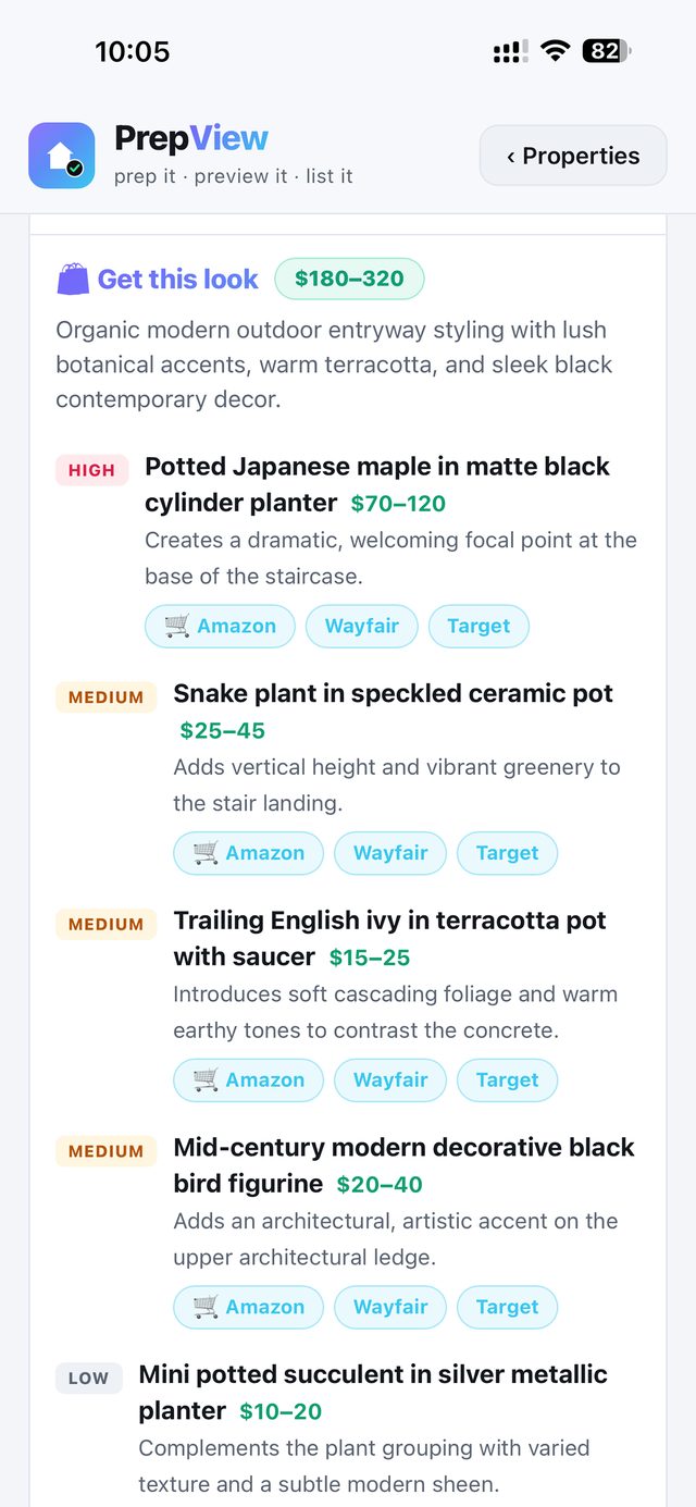 A Get-this-look shopping plan with priced items and retailer links